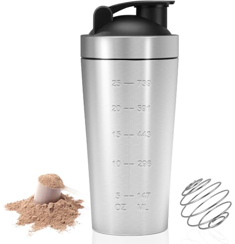 Coctelera de proteínas, botella de proteínas de acero inoxidable, coctelera con bola, a prueba de fugas, con bola de acero y escala de bebidas deportivas, para proteínas, dieta y batidos de fitness