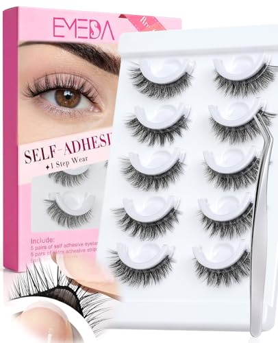 EMEDA Self Adhesive Eyelashes Preglued Glueless -Natural Look No Glue Eyelashes 14mm Natural Cat Eye Glueless No Glue Needed Reusable Stick on False Strip Lashes Easy for Beginner (879 with Tweezers)