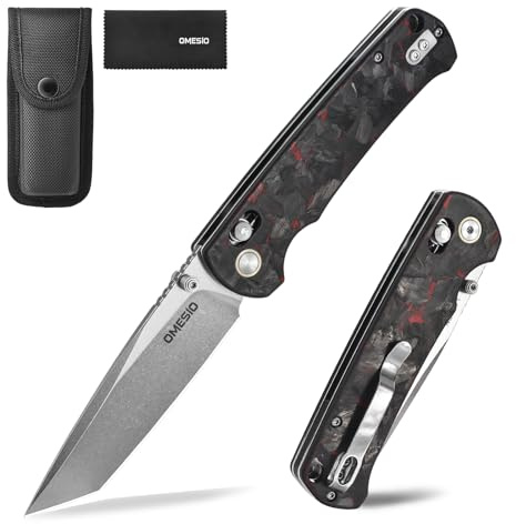 Omesio M-LB21 Einhandmesser 14C28N, 8,4 cm Klinge Carbonfaser Griff | Taschenclip inklusive, leichtgewichtige Bauweise, inkl. Nylon-Tasche, praktisch für Camping und den täglichen Alltag