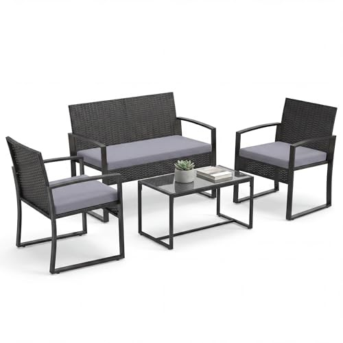 SOARS Set di Salotto da Esterno in Rattan PE, Mobili da Giardino con Divano 2 Posti, 2 Poltrone, Tavolino in Vetro Temperato e Cuscini Morbidi, Set Salottino per Terrazza, Balcone, Piscina (Grigio)
