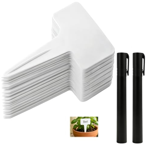 100 etiquetas para plantas en forma de T de plástico reutilizable con 2 rotuladores permanentes, marcadores de jardín para huerto, semillas, flores, hierbas, macetas e invernadero