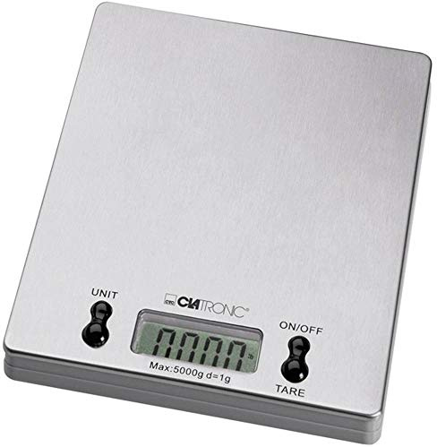 Clatronic Küchenwaage | flache digitale Küchenwaage | Edelstahlwaage | Messbereich bis 5 kg | 1 Gramm Schritte | backen | wiegen | Batteriebetrieb| Automatische Abschaltung | KW 3367 edelstahl
