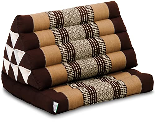 livasia Thai cushion with 1 seat rest - 30x20x3.1″ - Triangle cushion with seat cushion, Wedge cushion, kapok, Back support cushion, folding, Thai mat, folding, Hand made (Brown)