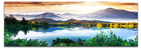 Paul Sinus Art Panoramabild auf Leinwand und Keilrahmen 150x50cm Bergsee Berge Wald Sonne Spiegelung