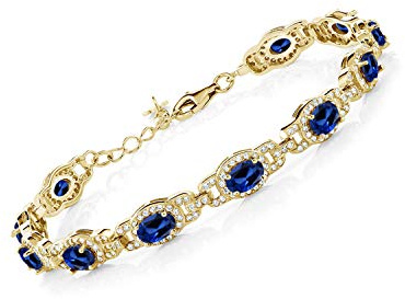 Gem Stone King 18K Yellow Gold Plated Silver Oval Gemstone Birthstone Tennis Bracelet For Women | Oval 6X4MM | 7 Inch With 1 Inch Extender | Fine Jewelry Gifts for Her Mom Women Wife