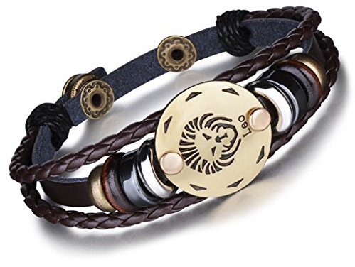 Unendlich U Punk Modisch 12 Sternbilder Sternzeichen Herren Damen Charm Armband Geflochten Leder Legierung Multilayer Braun Armreifen, Löwe(Leo)