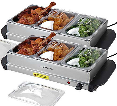 Jago® Scaldavivande Elettrico per Buffet - Temperatura Regolabile 40-85°C, Acciaio Inossidabile, Coperchio Trasparente - Chafing Dish (4 contenitori / 2 x 2.5L + 2 x 1L (7L))
