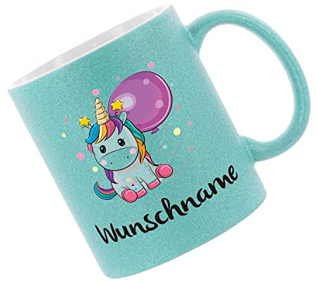 Glitzertasse (Hellblau) Einhorntasse (Wunschname) - Kaffeetasse, bedruckte Tasse mit Sprüchen oder Bildern, Bürotasse,