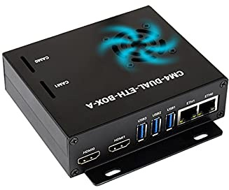 Dual Gigabit Ethernet minidator baserad på Raspberry Pi Compute Module 4 (ingår ej), Waveshare CM4 Dual ETH Base inuti, metallhölje, med fläkt