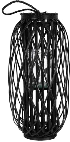 ECD Germany Linterna Estilo Ratán Portavelas 60 x Ø 27 cm Negro con Aspecto de Mimbre de Caña Natural Tejido Trenzado Robusto Luz de Vela Decorativa Farola para Mesa en Terraza Salón Jardín