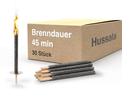 Hussala Diamond Wachsfackeln für draußen [30 Stück bis zu 45 min] mit langen Holzstab und Tropschutz - Premium Gartenfackel aus Diamond Wachs - Fackeln für Fackelwanderung