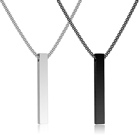 JKJF 2 Pieza Cuboid Colgante Collar de Acero Inoxidable Rectángulo Placa Colgante Cadena Vertical Cuboid Stick Colgante Cadena de Pareja Colgante Collar para Hombres y Mujeres - Plata Negro