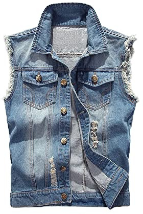 ENEN Herren Denim Weste Ärmellose, Denim Vest Men Casual Retro Gilet Jacke Slim Fit Plus Size Zerrissene Jeansweste Für Outdoor Biker Rock Punk Reisen