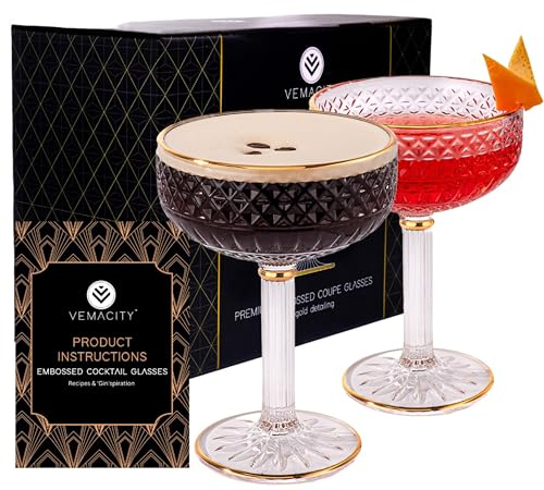 Vemacity Juego de 2 copas de cóctel, copas de champán/platillos de champán con detalles dorados, diseñadas como copas grandes de martini de maracuyá y copas de martini de espresso