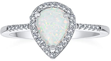 Personalisierter Zarter Edelstein In Birnenform Mit Mikro Pave CZ Halo 2 3CTW Kreierter Weißer Opalring Für Frauen. 925 Sterling Silber Geburtsstein Oktober.