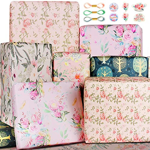 Carta da regalo, carta da imballaggio, naturale, per donne e ragazze, con motivo floreale, per confezionare regali, con cartellini da regalo e fiocchi, colori pastello: lilla, rosa e verde