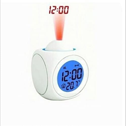 Cyrank Reloj de Mesa con proyector, Reloj de Mesa con proyector multifunción, Reloj Despertador de proyección con función de Voz Led de Carga USB de plástico Reutilizable para Dormitorio(Blanco)