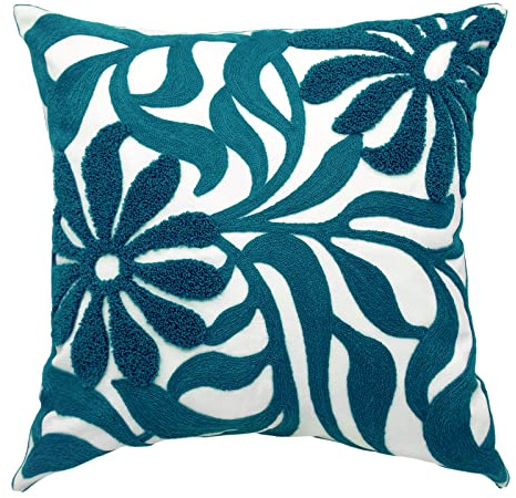 Alysheer Farmhouse Floral Leaves Embroidered Decorative Throw Pillow Cover 18x18 inches, Boho Tufted Flowers Embroidery Pattern Chic Cotton Cushion Case for Couch Bed Sofa Living Room(Teal Blue)