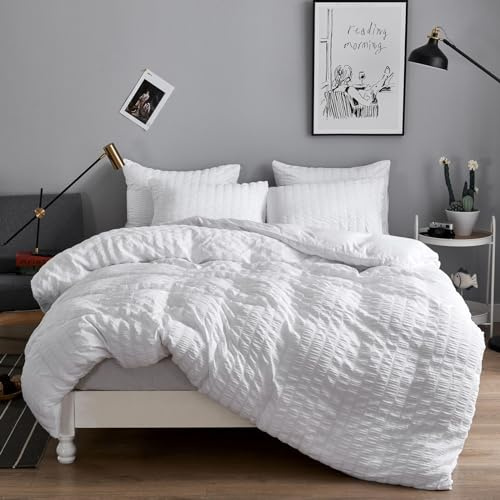 Freyamy Seersucker Bettwäsche 200x220 Weiß Geprägt Gestreift Bettwäsche Set