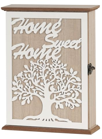 QILICZ Schlüsselkasten Holz Schlüsselbox mit Lebensbaum Schlüsselschrank 6 Schlüsselhaken Schlüsselablage Wandorganizer L für Eingang,Flur,Büro Schlüsselhalter weiß