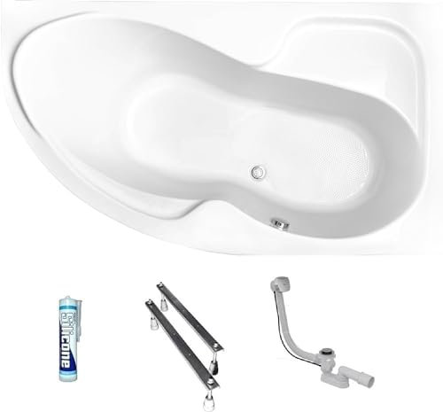 ECOLAM Baignoire d'angle asymétrique Wela 160x100 cm droite | pieds siphon silicone | acrylique blanc | Belle forme aspect moderne