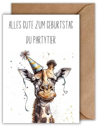 Lustige Geburtstagskarte mit Umschlag - mit Giraffe – Alles Gute du Partytier – witzige Karte für Freunde & Kolleginnen - originell & modern (DIN A6)