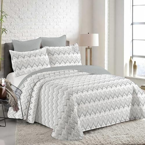 MERCURY TEXTIL- Colcha Bouti Estampada para Verano y Entretiempo 100% Poliéster. Colchas Cubre Cama Fina, Ligera y Suave. Incluye 2 Fundas de Cojín (Cama 150/180-250x260cm,Zigzag Gris)