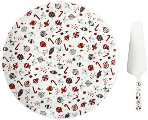 HOME DECO FACTORY, KA0393, Piatto e Pala per Torta Multicolore per Natale, Servizio da tavola in Porcellana, Ideale per i Vostri pasti Festivi, Diametro 30 cm, Multicolore