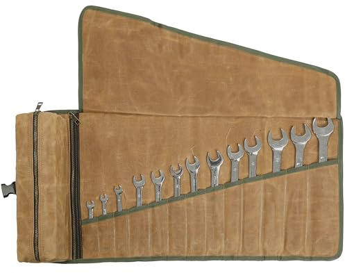Tool Roll Organizer, Wrench Roll mit 2 Taschen mit Reißverschluss + Schnallenverschluss, 16OZ gewachstes Segeltuch Tool Tasche für Schlüssel Set Meißel Schraubendreher | Khaki | 66x32cm