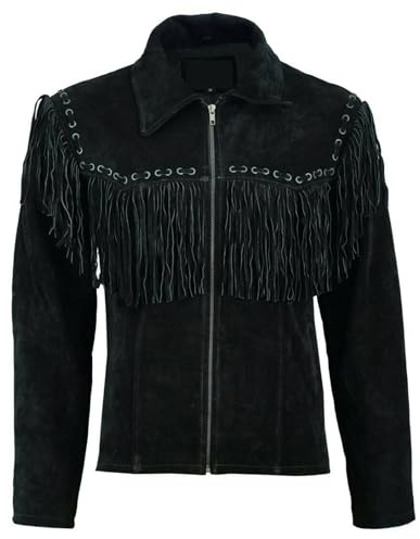 Rumble Products Chaqueta tradicional de piel negra occidental para hombre, chaqueta de piel de ante nativo americano, borlas con flecos, Negro -, XX-Large