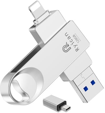 [Senza APP] Chiavetta USB per lPhone,Ryican 128GB Memoria Esterna Pendrive USB C 3.0 Chiavetta per lphone per scaricare foto 4 in 1 Photostick per iOS/Smartphone/Pad/Android/PC/Tablet,Argento