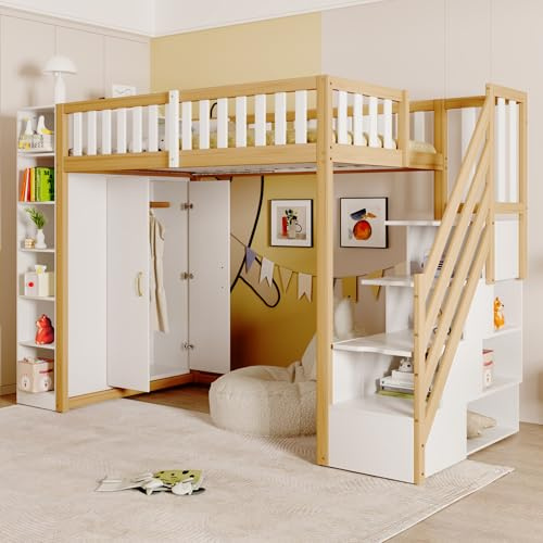 ZYLOYAL10 Multifunktionales Hochbett 90x200cm mit Regalen, Stauschrank und großem Kleiderschrank, Sicherheitsleiter mit Ablagefächern (Weiß + Rohholzfarben)