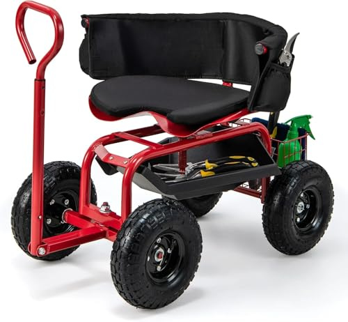 FANTASK 360 ° drehbar Gartenwagen bis 135 kg, Mobiler Gartensitz Höhenverstellbar mit Rollsitz & ausziehbarem Griff, Lenkbarer mit Ablage & Korb & Werkzeugtasche & Sitzkissen Rot