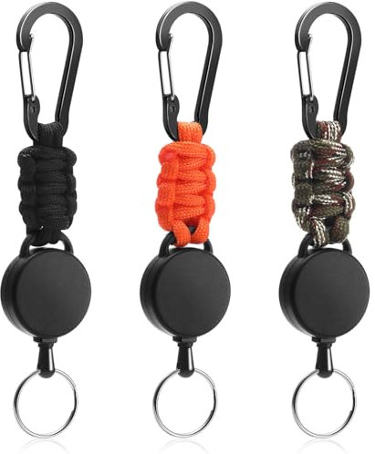 EOPUOZS Schlüsselanhänger Ausziehbar 3 Stück - 60cm Stahlseil mit Karabiner, Einziehbarer Schlüsselhalter mit Stahlseil (Schwarz/Camouflage/Orange), Heavy Duty für Schlüssel und Ausweise