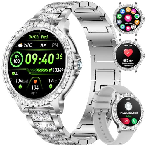 LIGE Montre connectée pour femme, appels Bluetooth, Android, iOS, montre de sport, fitness, avec tracker, écran tactile Full HD 1,32”, moniteur de fréquence cardiaque, diamant, en acier, argenté