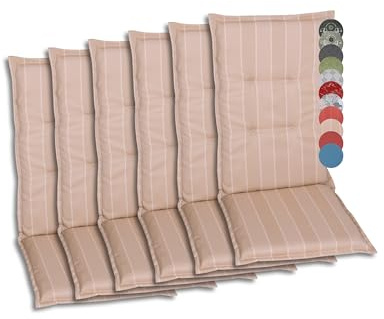 GO-DE Textil Bequeme und attraktive Polsterauflagen für Hochlehner-Gartenstühle (6er-Set, Design: Streifen Beige)