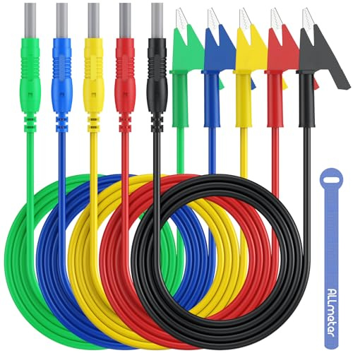 ALLmeter 4mm Fiche banane rétractable à pince crocodile 1m 15A 1000V, Lot de 5PCS Câble de test avec Corde de rangement Pour Multimètres Pince Ampèremétrique