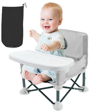 Baby Campingstuhl,Reisehochstuhl Baby mit Kindersicherheitsgurt und Staufach Hinten,Faltbarer Sitzerhöhung Stuhl Kind mit abnehmbarem Essbret für Innen und Außenbereich(Grau)