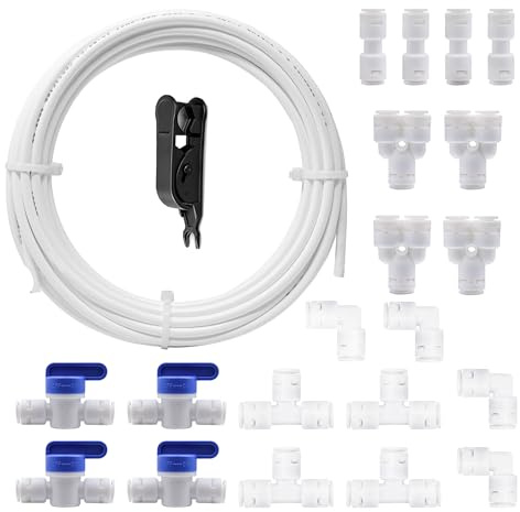 HAXIHA Wasserzulaufleitung Universal Anschluss-Set 10 M,Kühlschrankschlauch,20 Stück RO Water Filter Fitting Schlauchverbinder,für 1/4 Zoll Schlauch.Wasserschlauch(Y+T+I+L Typ Combo+Absperrventil)