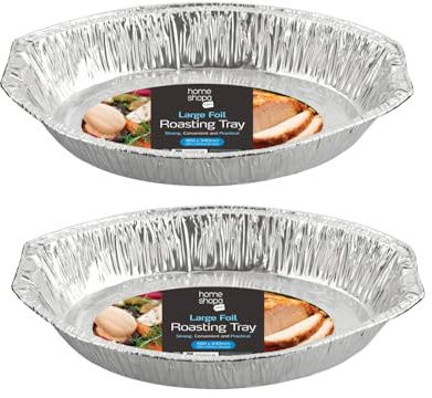 HOMESHOPA Large Oval Roasting Tray, Pack of 2 Disposable Aluminium Foil, Tin Containers for Cooking, Roasting, Broiling, Bakeware, Storing, Prepping Food, Heating, Oven and Freezer Safe