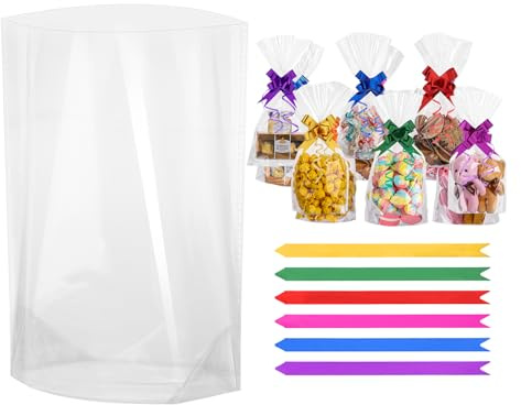 woric Confezione da 60 sacchetti di cellophane trasparenti da 15,2 x 25,4 cm, con chiusura e fiocco a fondo piatto in plastica OPP per caramelle e dolcetti