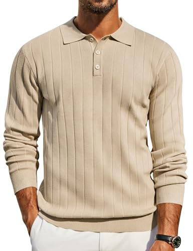 COOFANDY Mens Ribbed Knit Polo Jumper Long Sleeve | Knitted Polo Shirts, Regular Fit