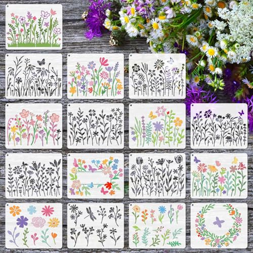 Set di 16 stencil floreali, 15 x 12 cm, riutilizzabili, con fiori di campo, per fai da te, scrapbooking, biglietti, pittura, legno, decorazione da parete
