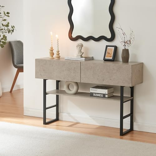 [en.casa] Mueble Recibidor Varberg Mesa Consola Mesa de Entrada con 2 Cajones y 1 Estante Regulable en Altura Metal Aglomerado 75 x 120 x 30 cm - Efecto hormigón Claro