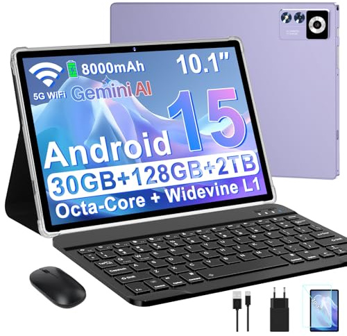 ZIOVO Android 15 Tablet 10 Zoll Gemini AI, 30GB RAM+128GB ROM(TF 1TB), 5G WLAN, Octa-Core 2.0GHz, Widevine L1, 8000mAh, BT 5.0, GPS, Face ID, Tablet mit Tastatur, Maus - Lila