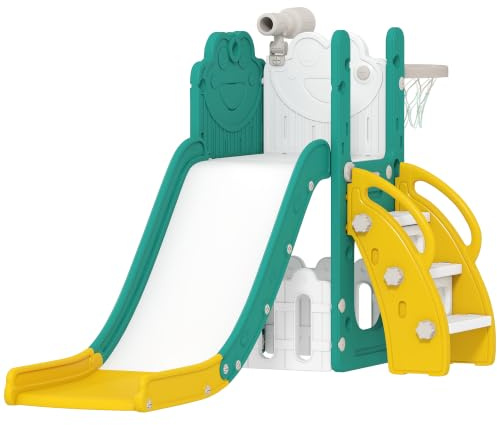 AIYAPLAY Kinderrutsche 5 in 1 Babyrutsche für Kleinkinder 1-3 Jahre Gelb | Indoor Outdoor, Basketballkorb, Klettergerüst, Spielteleskope, Stauraum, Frosch-Motiv Spielplatz