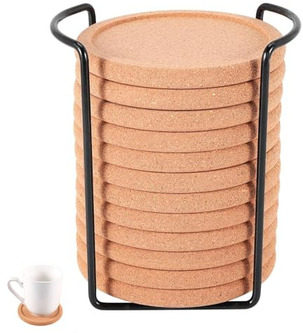 AWAOVV 12Pcs Round Cork Coasters with Lip, Wooden Coaster with Holder, Waterproof Tea Mat, Etra Thick Plant Pot coasters, Reusable Absorbent cup Cork Trivet for Coffee Tables Desks