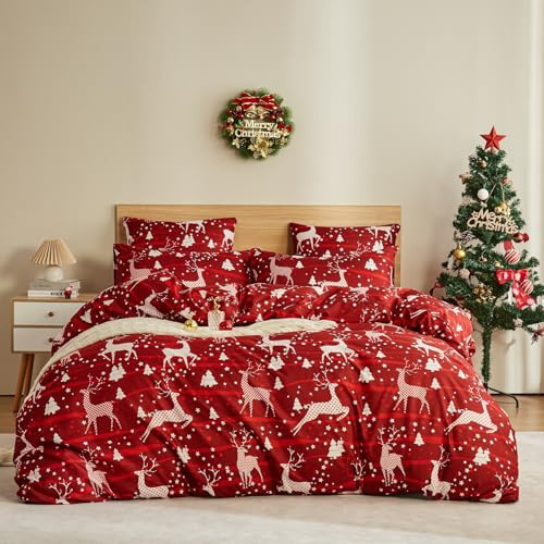 Luowei Winter Weihnachts Bettwäsche 135x200 cm Rot Komfort Weihnachtselch Muster Bettwäsche Set Warm Schön Mikrofaser Bettbezug Reißverschluss und Kissenbezug 80x80 cm