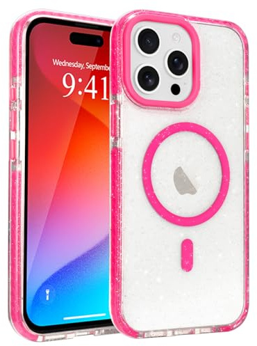 LLZ.COQUE Custodia magnetica per iPhone 15 Pro Max, compatibile con Magsafe, cover posteriore rigida trasparente glitterata per ragazze Wowen, in silicone, antiurto, per iPhone 15 Pro Max, rosa acceso