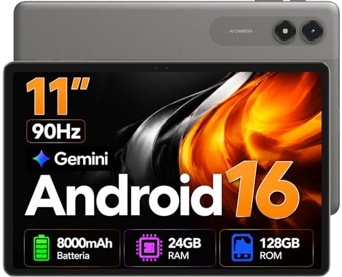Tablette 11 Pouces Android 16 Tablette Écran 90 Hz, Gemini AI 3.0, 24Go(6 + 18Étendus) RAM 128Go ROM(2TB TF), Protection oculaire, 8000mAh, WiFi, Widevine L1, Face ID, GMS, Garantie 4 Ans